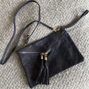 Blue Genuine Leather Snakeskin Embossed Crossbody Clutch Tassel Zipper Bag